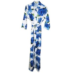 Passeggiando Ravello 100% Linen Blue Floral Maxi Dress Sz M